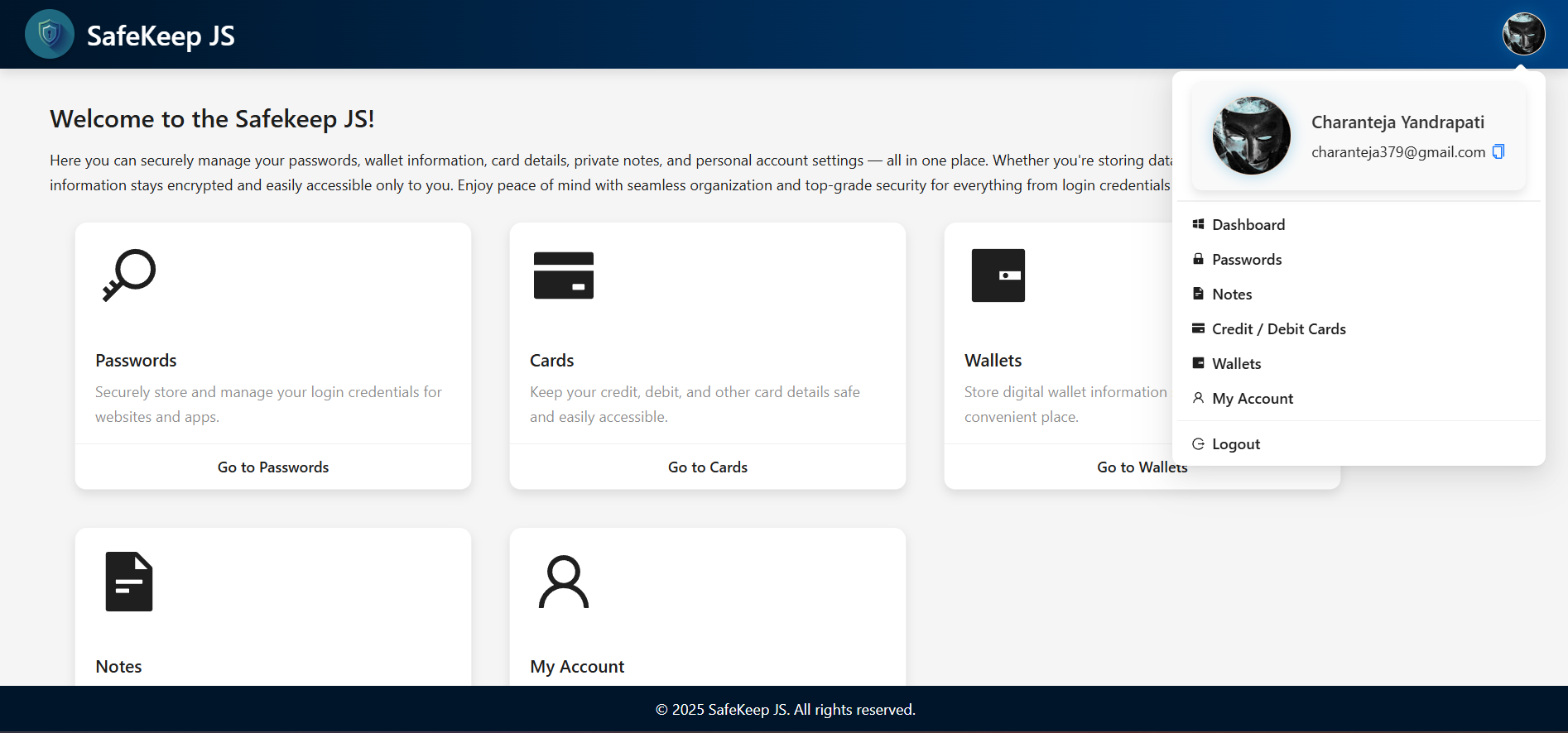 SafeKeep JS - Encrypted Data & Password Vault